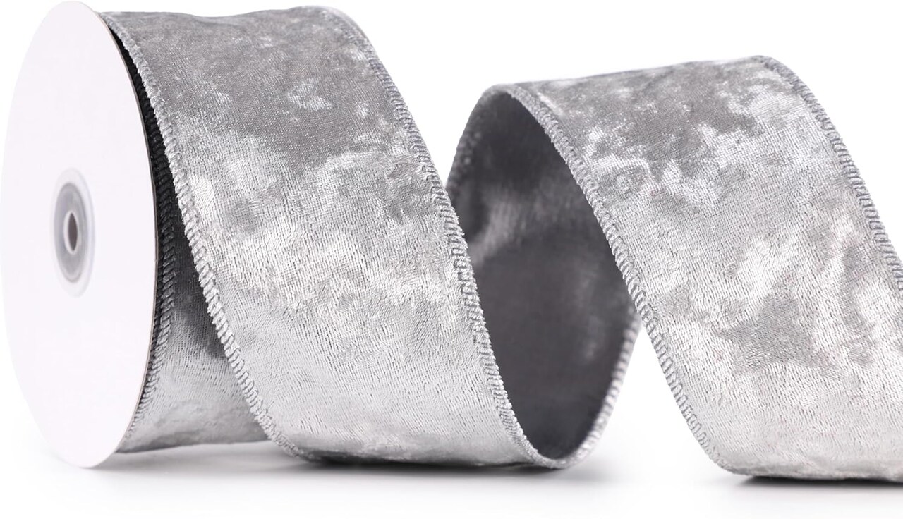 Silver Crushed Velvet Ribbon Wired 2.5" x 10 Yards Silver Christmas Wired Edge Ribbon Silver Christmas Decorations Silver Ribbon for Gift Wrapping Wreath Tree Topper Bow Making Crafts